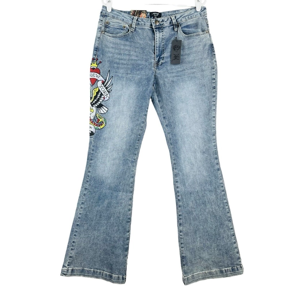 ED HARDY Women's New York City Blue Denim Jeans Size 32 Eagle Slim Flare Leg NWT